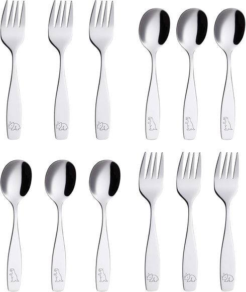 ANNOVA Children's Flatware 12 Pieces Set - Stainless Steel Silverware 6 x Safe Forks, 6 x Dinner Spoons - Kids Toddler Utensils Lunch Box (Engrave...