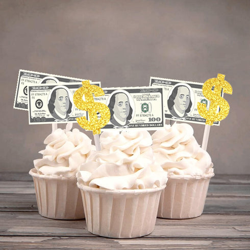 250gsm Cardstock 24pcs 100 Dollar Bill Cupcake Toppers Dollar Sign Cupcake Toppers Money Themed Decors for Birthday Anniversary Wedding Bridal Sho...