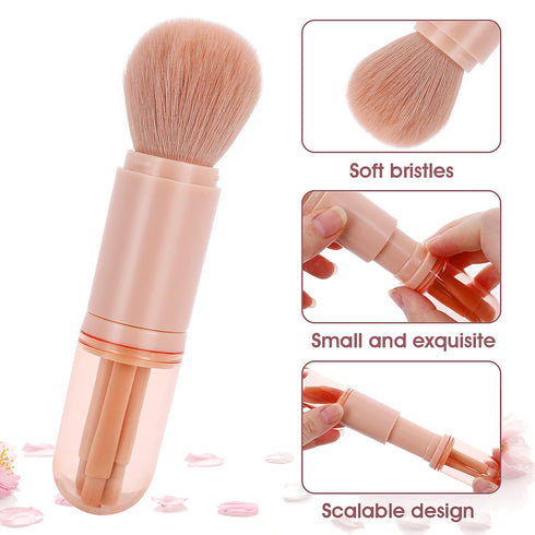 Retractable Makeup Brush, 4 in 1 Portable Travel Lip Brush, Highlight Brush, Eyeshadow Brush, Foundation Blending Powder Brush Mini Facial Cosmeti...