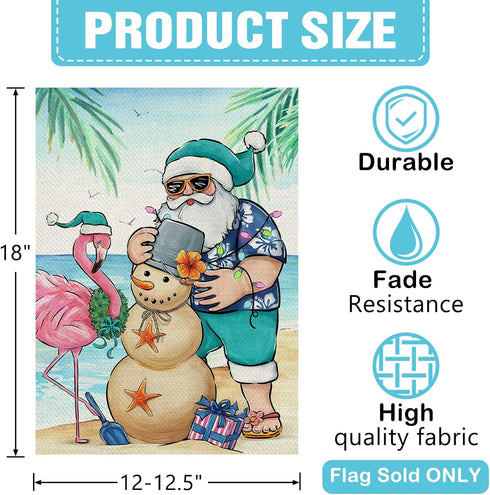 Santa Claus Decorative Garden Flag, Christmas Snowman Flamingo Beach Coastal Yard Outside Home Decoration, July Hawaii Nautical Xmas Summer Holida...