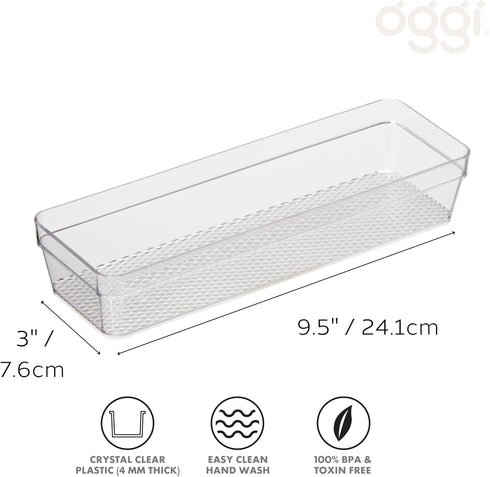 Oggi Clear Drawer Organizer - 3" X 9.5" - Ideal for Organizing Kitchen Drawers, Office, Desk, Silverware, Kitchen Utensils, Cosmetics and Bathroom...