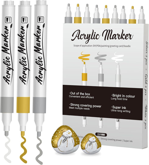 9 Pack of Acrylic Paint Pens Medium Tip (2-3mm) in White, Gold, and Silver Colors Acrylic Paint Pens for Wood, Canvas, Stone, Rock Painting, Glass...
