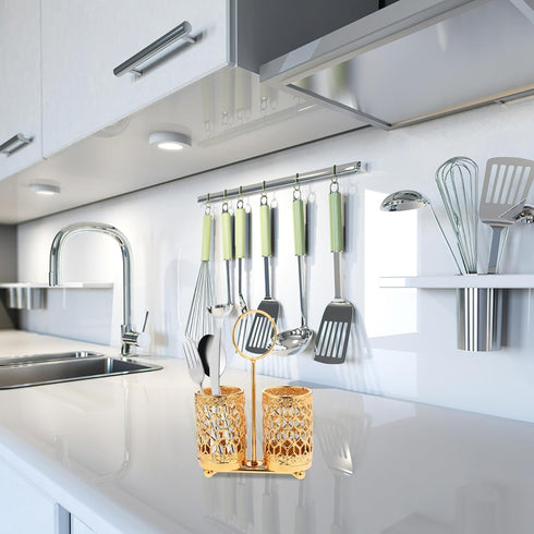 Hemoton Golden Utensils Holder Rotating Metal Utensils Holder Silverware Organizer Cutlery Holder Fork Spoon Flatware Storage Basket for Counterto...