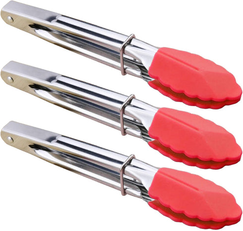 Small Tongs with Silicone Tips 7 Inch Kitchen Tongs, Set of 3 (Red)...
