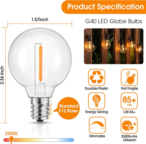 Mlambert G40 LED Replacement Light Bulbs for String Lights, Dimmable E12 Base Shatterproof Bulbs, 1W Equal to 5W, Amber Warm 2200K, 25Pack, Not So...