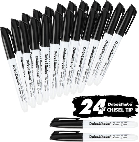 Dabo&Shobo Dry Erase Markers 24 Pack, Low Odor Black Whiteboard Markers, Chisel Tip, Perfect for Writing on Whiteboard Mirrors Glass In School, Of...