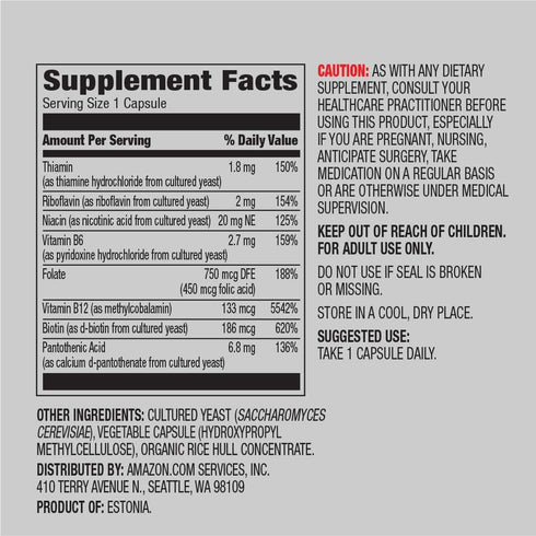 Amazon Elements B Complex, High Potency, 83% Whole Food Cultured, Supports Immune and Normal Energy Metabolism, Vegan, 65 Capsules, 2 month supply...