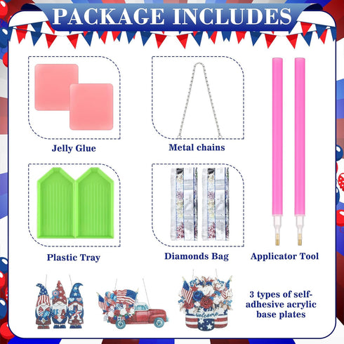 Memorywuu 3 Pcs 4th of July Diamond Art Kits Patriotic Diamond Painting Hanging Door Sign DIY Memorial Day Diamond Wall Decor Gnome Diamond Art Ad...