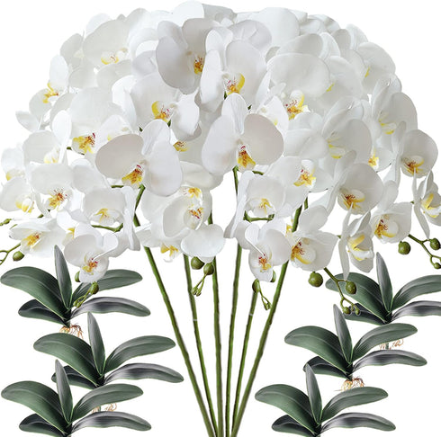FagusHome 6 Pcs Artificial Phalaenopsis Flowers with 6 Bundles Leaves Artificial Orchid Flowers Stem Plants for Home Décor...
