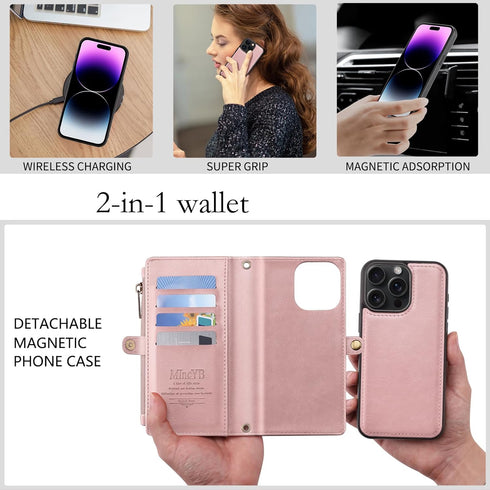 MInCYB for iPhone 12/12 Pro Wallet Case with Card Holder (12 Card Slots) - PU Leather Case for Women & Men, Wireless Charging, Detachable Magnetic...