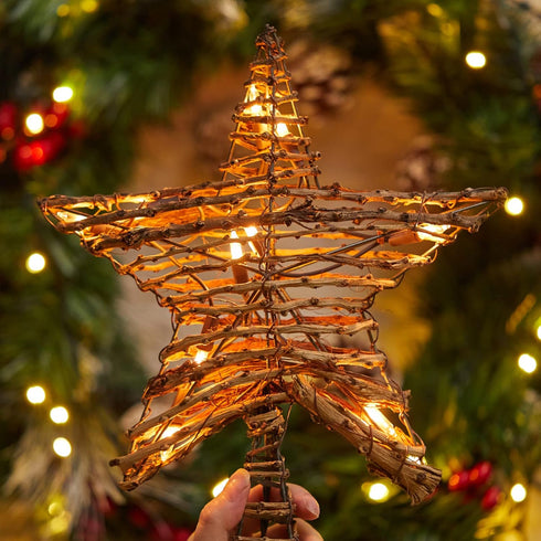 Rattan 3D Star Tree Topper - 12" Rustic Rattan Star with Built-in 10-Bulb String Lights for Christmas Tree Decoration...