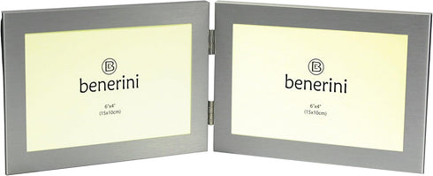 Brushed Aluminium Satin Silver Colour - Twin 2 Picture Horizontal Double Folding Photo Frame - Takes 2 Photos of 6 x 4 inches (15 x 10 cm) (Landsc...