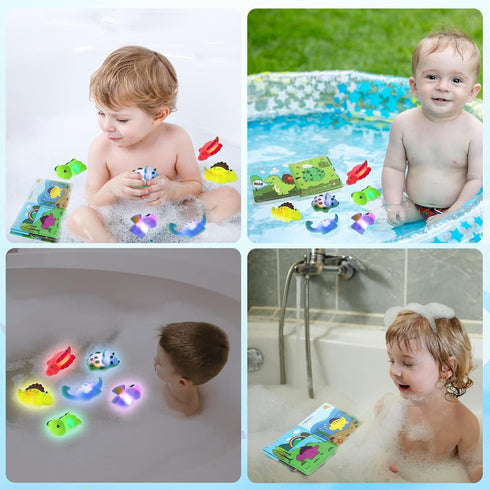 Light Up Bath Toys for Toddlers Kids Baby Boys, No Hole Dinosaur Bath Toys with Bath Book & Organizer, Led Light Bath Time Water Toys for Bath Tub...