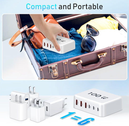 100W GaN USB C Fast Charger Block Compact 6 Port GaN Charging Station HUB Brick Portable Wall PD Charger Power Adapter for iPhone 15 14 13 12 Pro ...