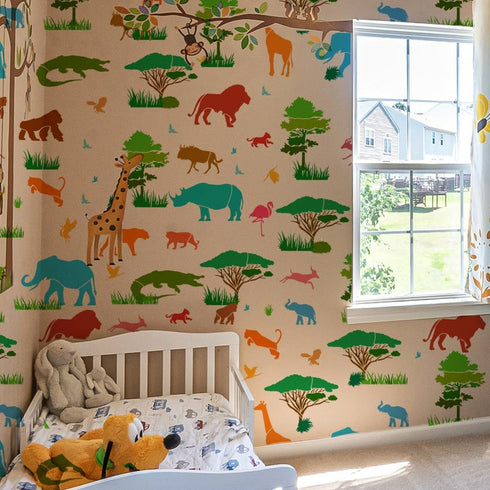 FINGERINSPIRE 16PCS African Animals Stencil Trees Grass Plants Drawing Template Giraffe Elephant Lion Crocodile Rhino Deer Orangutan Cow Bird Eagl...