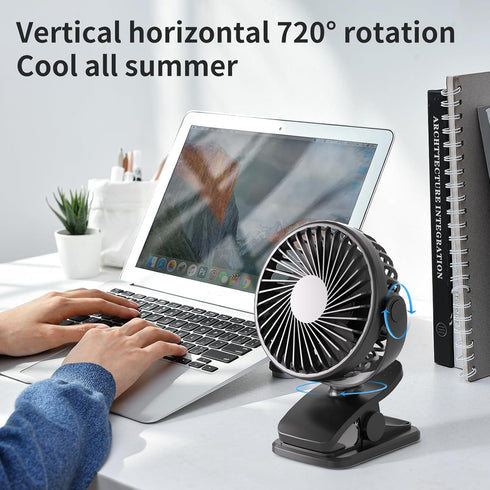 Portable Clip on Fan, 360° Rotate Battery Operated Stroller Fan, 3 Speed Quiet Mini Personal Desk Fan, USB Rechargeable Clooing Fan for Outdoor Ca...