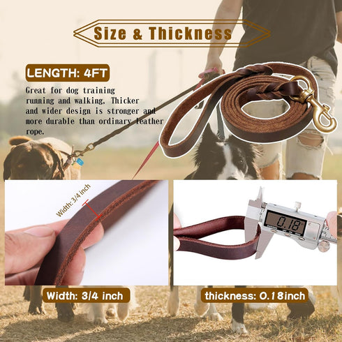 Leather Dog Leash 4ft x 3/4 inch,Strong Heavy Duty Genuine Leather Braided Dog Training Leash, Soft and Comfortable Leather Leash for Large Dogs, ...