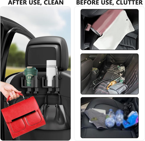 2PCS Multifunctional Car Cup Holder + Car Phone Holder + Car Purse Hook,Hanging Back Seat Car Organizer with Headrest Hooks,Universal Car Organize...