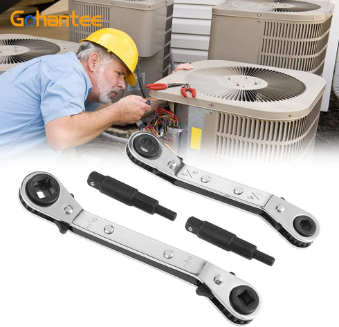 gohantee Hvac Service Wrench Tools Air Conditioner Valve Ratchet Wrench 3/16” to 3/8” 5/16'' x 1/4'' with 2 Hexagon Bit Adapter Kit for Air Refrig...