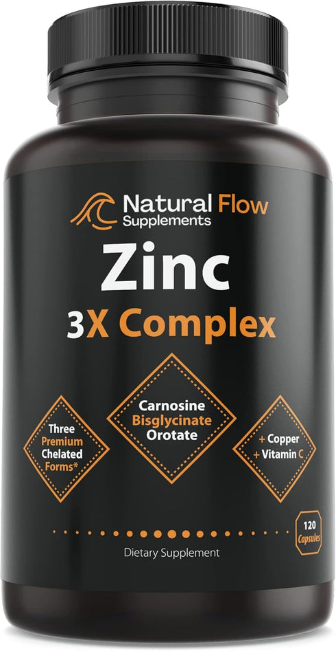 Zinc Supplement Complex with Copper and Vitamin C - Natural Flow 3X Zinc Carnosine, Bisglycinate Chelate, and Orotate, Chelated Zinc Copper, Easy ...