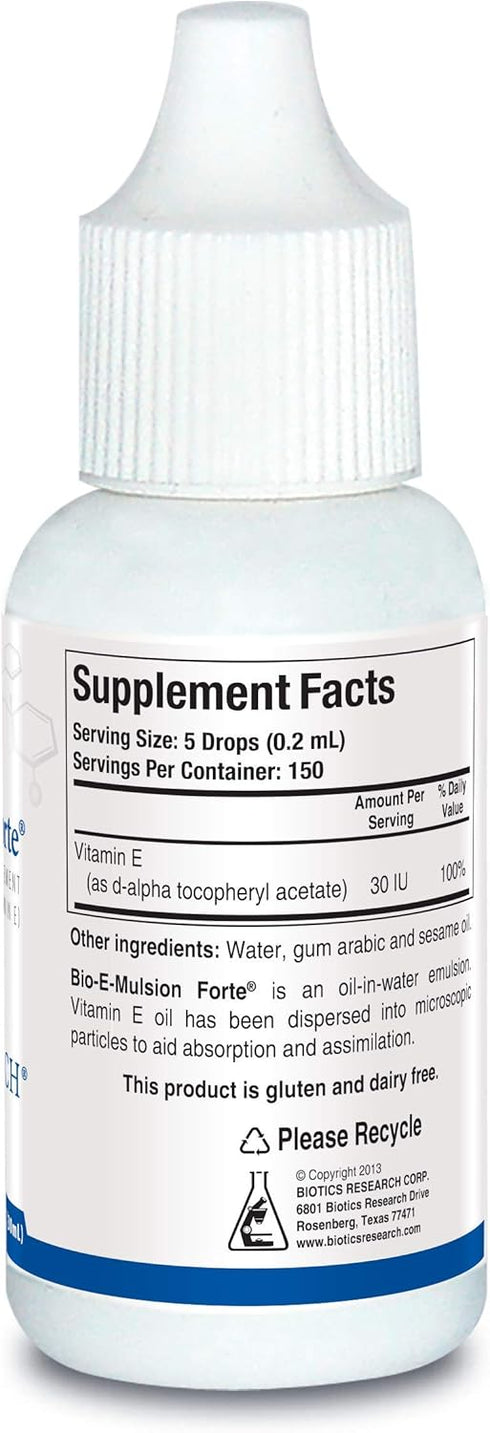 Biotics Research Bio E Mulsion Forte 1 Fliud Ounces, 30 ml Vitamin E 30 IU / 5 Drops, Emulsified, Supports Cell Function, Potent Antioxidant Suppo...