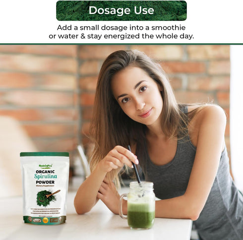 USDA Organic Spirulina Powder for Juice and Smoothy Mix; 100% Natural and Gluten Free, with High Protein, Vitamins, Antioxidants and Minerals (12 ...