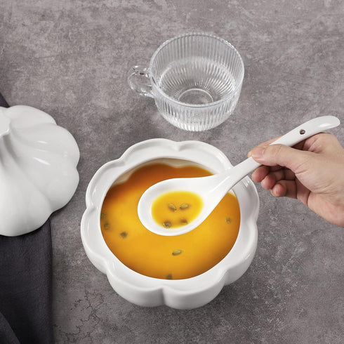 Porcelain Mini Size Ladles, 9 inch Large Soup Spoons, 6 Pieces Premium White Porcelain Spoons, Ladles for Stews, Chinese Noodles Spoons, Long Ladl...