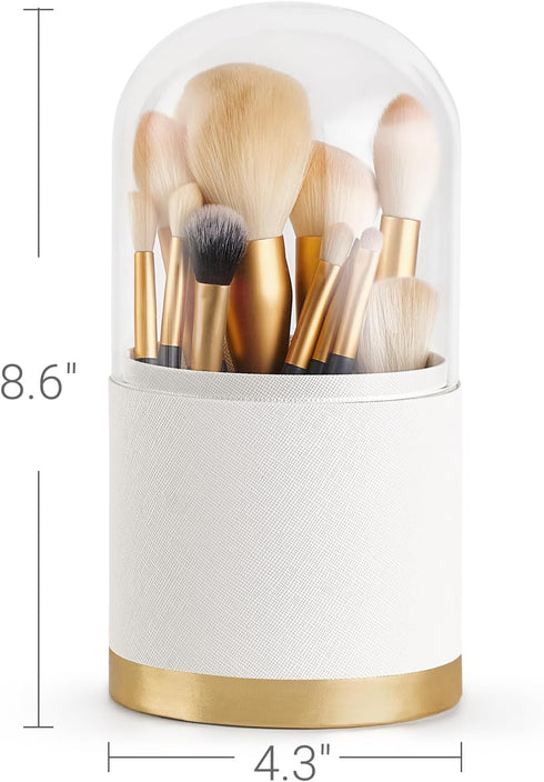 Mkono Covered Makeup Brush Holder Organizer with Glass Lid Premium Leather Make Up Brushes Cup with Dustproof Cover for Vanity Desktop Countertop ...
