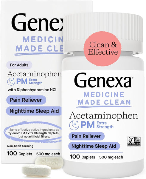 Genexa Acetaminophen PM 500mg Extra Strength for Adults | PM Pain Reliever & Nighttime Sleep Aid with Diphenhydramine HCL 25mg | Non-GMO | Medicin...