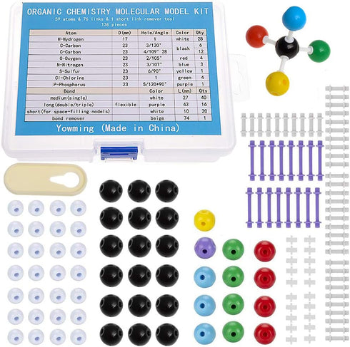136 Pieces Organic Chemistry Model Kit, Chemistry Molecular Model Kit Set for Student or Teacher - 59 Atoms & 76 Bonds & 1 Short Link Remover Tool...