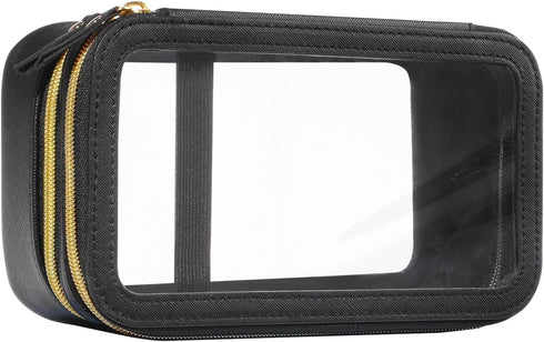 Clear Makeup Bag, Double Layer Cosmetic Bag with Zipper, Portable Make Up Case with Compartments, Travel Toiletry Makeup Bags Organizer for Women ...
