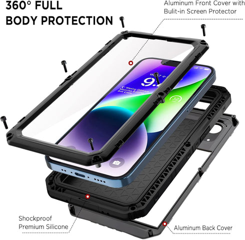 Beasyjoy for iPhone 14 Case Waterproof, Metal Heavy Duty Full Body Protective Case with Built-in Screen Protector, Military Grade Shockproof Dustp...