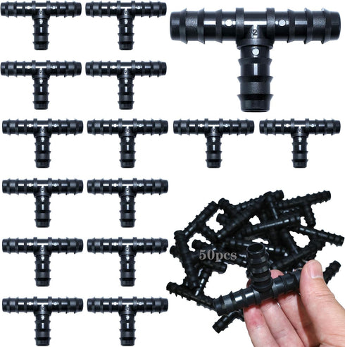 50PCS Drip Irrigation Barbed Tee Fitting Kits for 1/2 Inch Tubing 16MM OD .600" ID Barbed Tee Connectors Drip Line Connector Drip Hose Connector D...