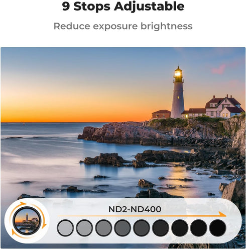 K&F Concept 52mm Variable ND Camera Lens Filter ND2-ND400 (1-9 Stops) + Filter Cap + Cleaning Cloth 18 Multi-Layer Coatings Adjustable Neutral Den...