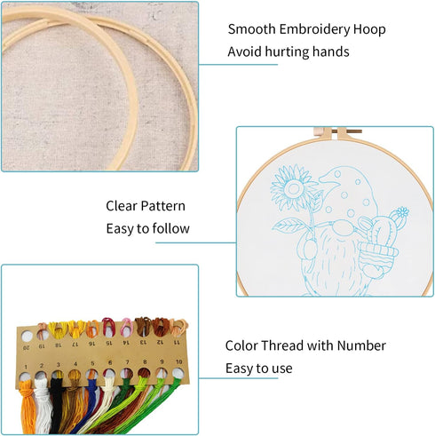 Nuberlic Sunflower Embroidery Kit for Beginners, Full Set of Stamped Gnome Cross Stitch Kit for Adults Including Embroidery Threads, Hoops and Ins...