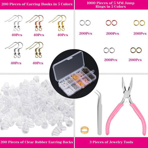 Earring Hooks, Audab 1400pcs Making Kit with 200pcs Ear Ring 1000pcs Jump Rings, Backs and Jewelry Pliers for Supplies Findings...