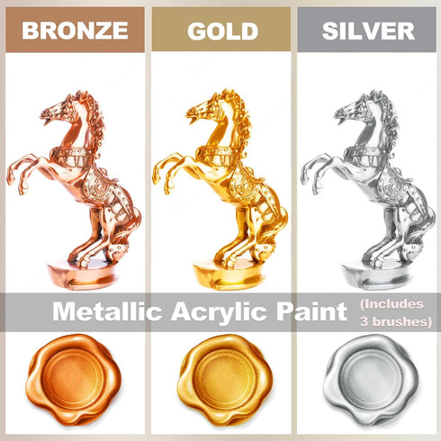 Acrylic Paint Metallic, 3pcs 13.5oz(375g) Gold & Silver & Bronze, Gold Leaf Paint for Art Painting, Ideal for Canvas, Wood, Clay, Fabric, Ceramic,...
