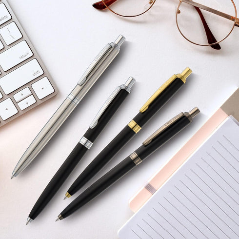 4 Pack Ballpoint Pens, Premium Retractable Metal Ballpoint Pen, Matte Black with Gold Trim, Medium Point 1.0mm Black Ink Pen for Home School Work ...