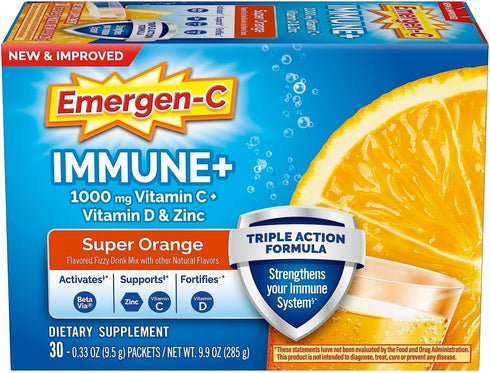 Emergen-C Immune+ Triple Action Immune Support Powder, BetaVia (R), 1000mg Vitamin C, B Vitamins, Vitamin D and Antioxidants, Super Orange – 30 Co...