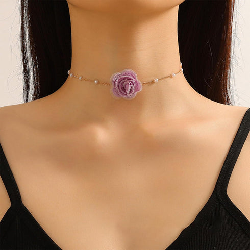 Rose Flower Choker Necklace Vintage Pearl Choker Necklace for Women Floral Choker Rose Choker Bride Wedding Party Summer Necklace (Purple)...