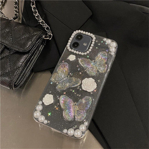 Fycyko Compatible with iPhone 7/8/SE 3D Butterfly Floral Clear with Design Aesthetic Women Teen Girls Glitter Pretty Crystal Sparkle Sparkly Cute ...