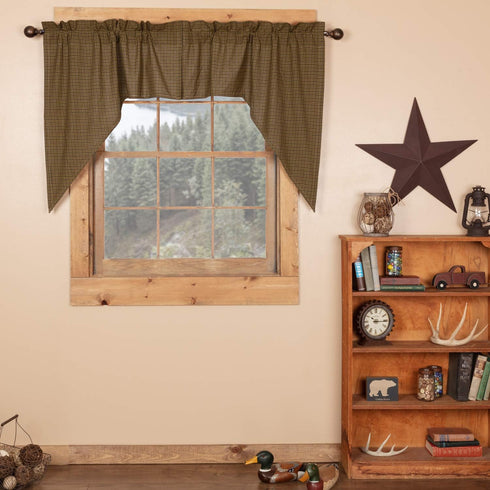 Tea Cabin Rustic 36"x36"x16" Green Plaid Swag Pair Rod Pocket Cotton Kitchen Window Curtains...