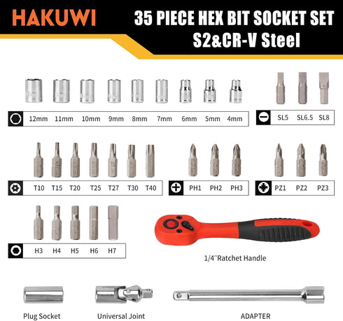 35 Pieces 1/4 inch Drive Socket Ratchet Wrench Set, Mini Ratcheting Wrench with Bit Socket Set Metric and Extension Bar for Auto Repairing...