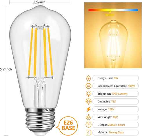 6-Pack 8W Dimmable Edison LED Light Bulbs 100W Equivalent, Vintage ST64/ST21 LED Filament Bulbs with 1000LM, 3000K Soft Warm White Lighting, E26 M...