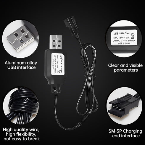 2PCS 7.4V 800mh USB Charging Cable with SM-3P Plug Connector for RC Excavator, Truck, Tank,Huina 1575 RC Engineering Vehicle,DE43 DE60 RC Toy Car,...