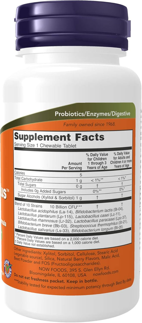 NOW Supplements, BerryDophilus™, Developed for Adults & Children with 10 Probiotic Strains, Extra Strength,Strain Verified, 50 Chewables...