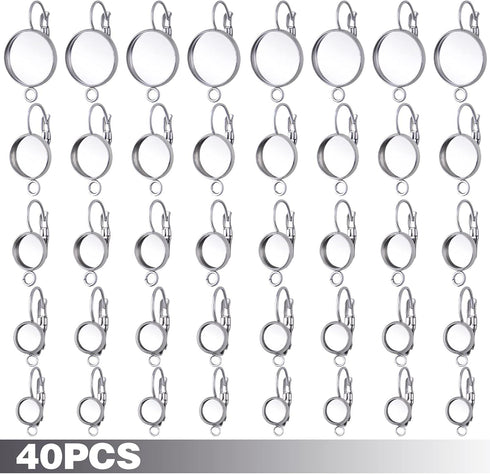 40pcs Leverback French Earring Hooks Stainless Steel Earring Blank Round Bezel Trays Earring Hoops with Loop for Women Men Girls DIY Jewelry Makin...