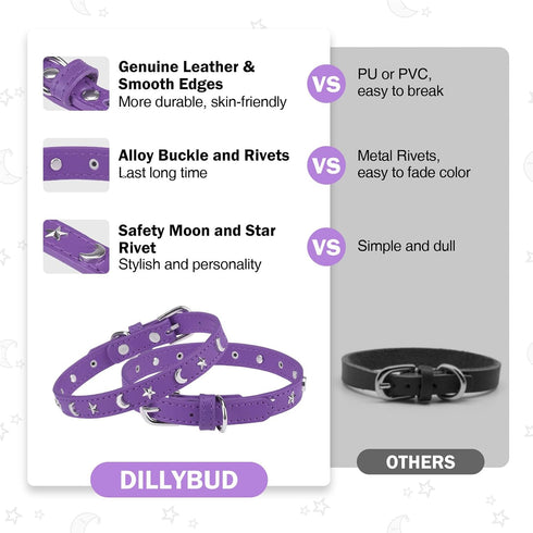 Leather Dog Collar for Puppy Small Medium Dogs, Adjustable Star Moon Rivet Studded Pet Collars with Rust-Proof Metal Buckle and Charms, XS S Dog C...