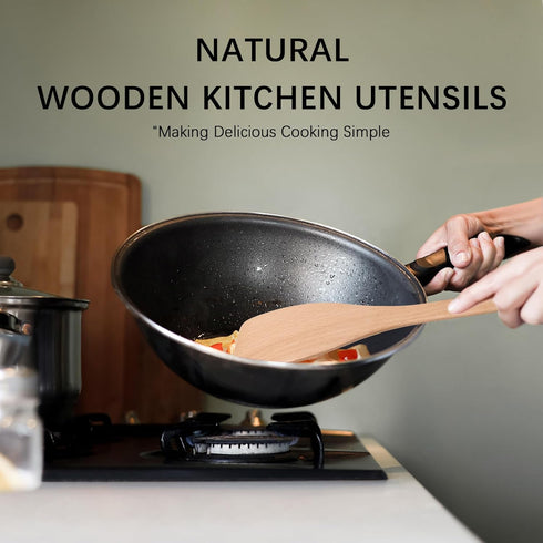 2pcs Wooden Spatulas for Cooking, 13inch Uncoated Beech Wood Turners for Frying, Non-Scratch Flat Spurtle for Pan & Wok, Cooking Utensils for Non ...