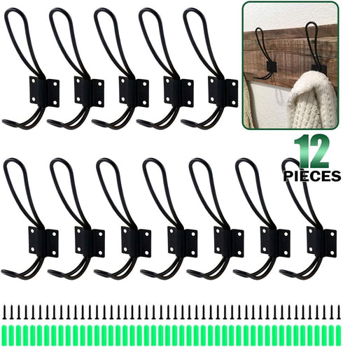 Keadic 12 Pack Heavy Duty Rustic Black Coat Hooks Kit with Screws and Expansion Screws Included, Wall Mounted Coat Hanger | Double Vintage Wall Ho...